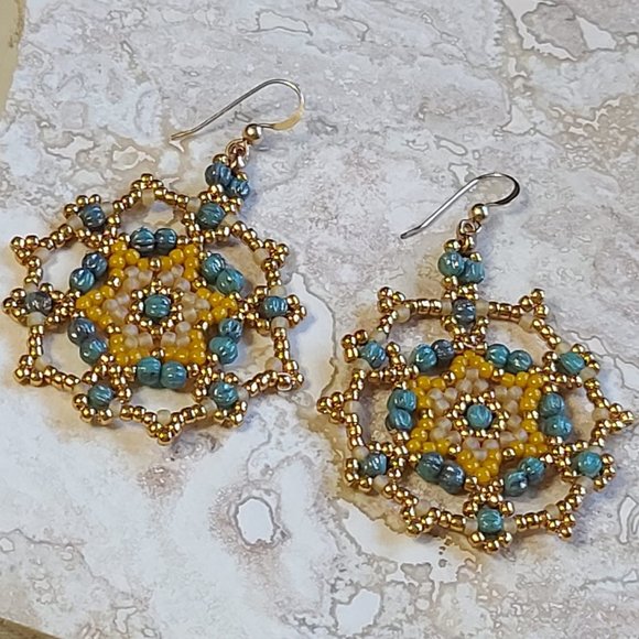 Handmade Stitched Glass Kalidoscope Earrings 14KT - Picture 2 of 4